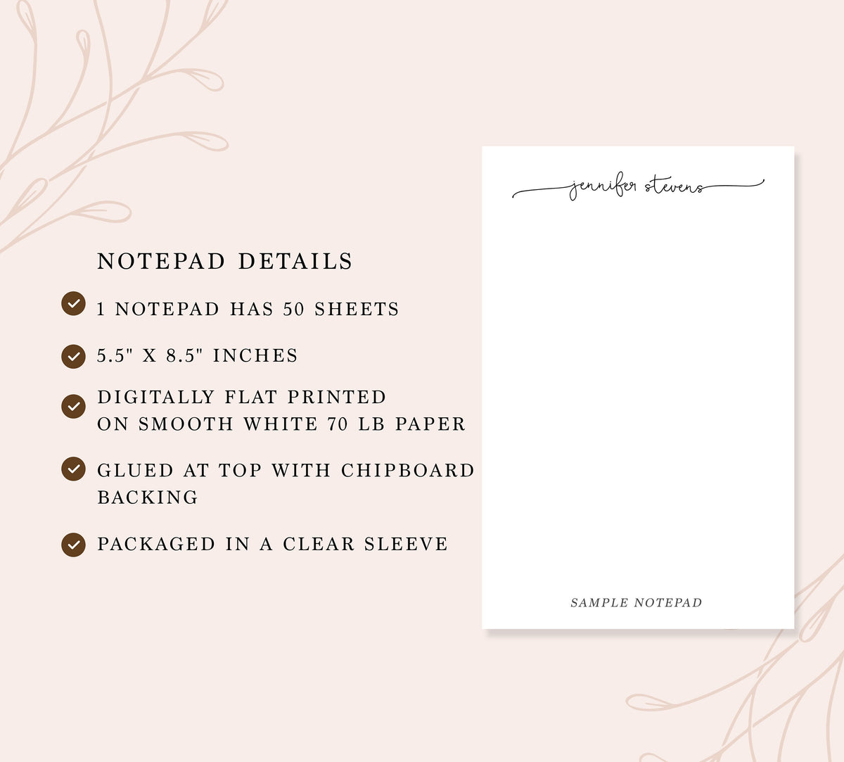 Personalized Notepad Gift for Teacher, Botanical Leaves Notepad, Personalized Notepad Gift for Her Him, Customized Stationary Under 25