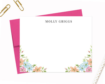 Painted Floral Personalized Stationery Cards, Note Cards, Your Choice of Ink Colors, Set of Flat Note Cards and Envelopes