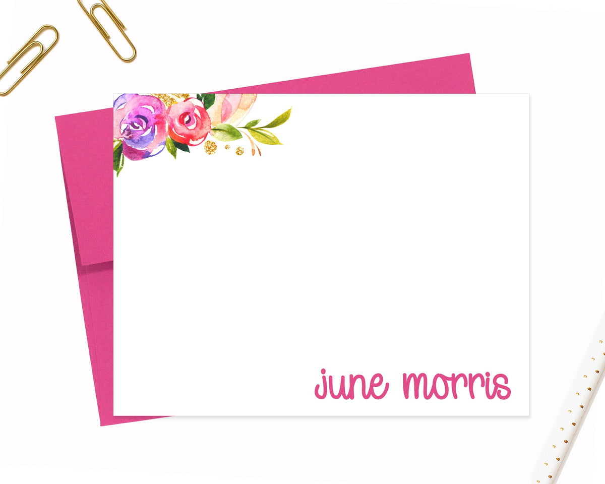 Personalized Stationery for Her with Floral Watercolor, Colorful Stationary Card Set, Cute Stationery with Flower, Custom Note Cards