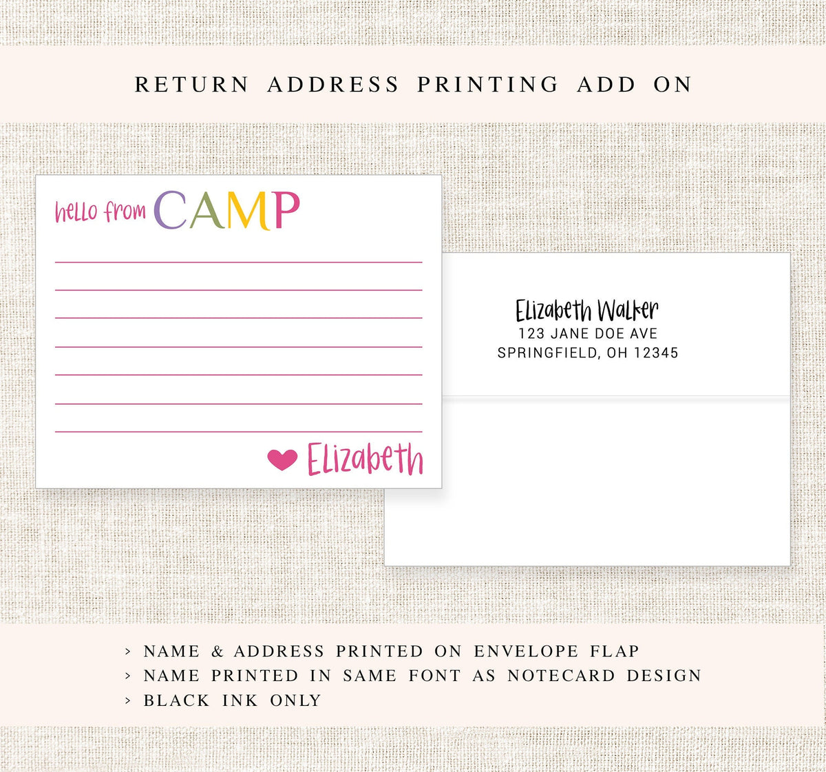 Personalized Camp Stationery Set For Girls, Custom Stationary with Lines, Cute Summer Notes, Personalized Gift for Girls, Summer Note Cards