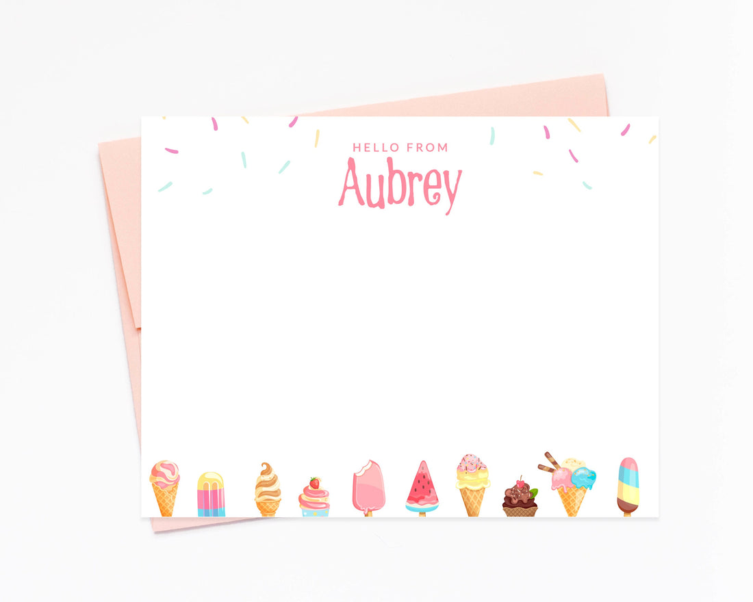 Personalized Ice Cream Stationery for Girls, Ice Cream Birthday Stationary Card Set, A Note From Notecards, Childrens Stationery For Her