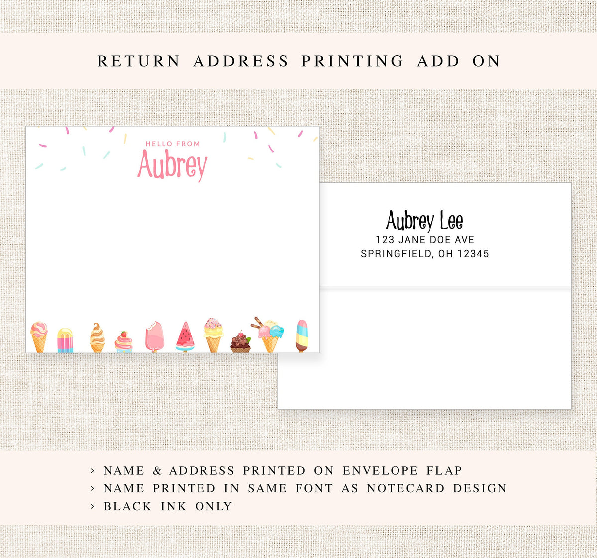 Personalized Ice Cream Stationery for Girls, Ice Cream Birthday Stationary Card Set, A Note From Notecards, Childrens Stationery For Her
