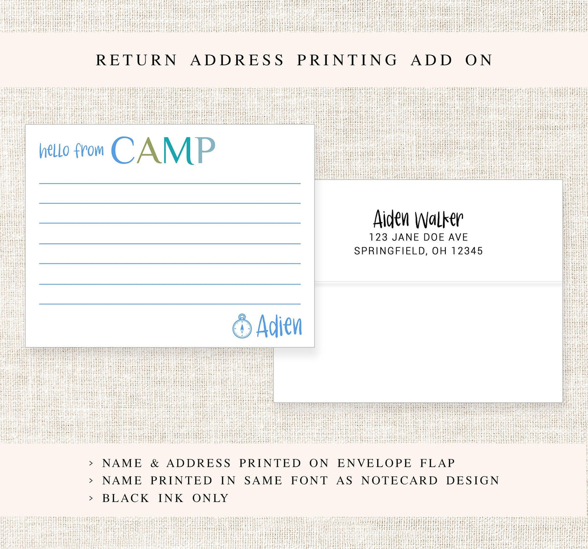 Personalized Camp Stationery Set For Boys, Custom Stationary with Lines, Cute Summer Notes for Kids, Personalized Gift for Him from Camp