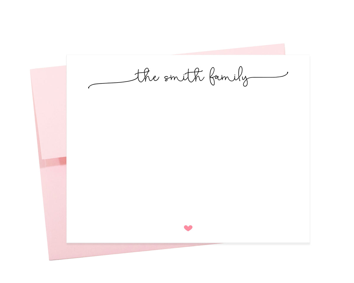 Personalized Family Stationery With Script Text, Custom Heart Stationary Gift for Family, Classy Thank You Note Cards, Personalized Gifts