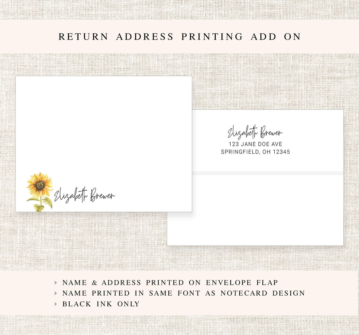Personalized Sunflower Stationery Gift Set for Her, Sun Flower Note Cards, Sun Stationary Flat Cards with Envelopes, Personalized Stationary