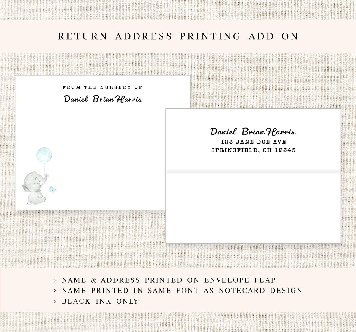 Personalized boy baby shower notecard, Baby shower gift, Thank you notes, From the nursery of children's stationary elephant theme