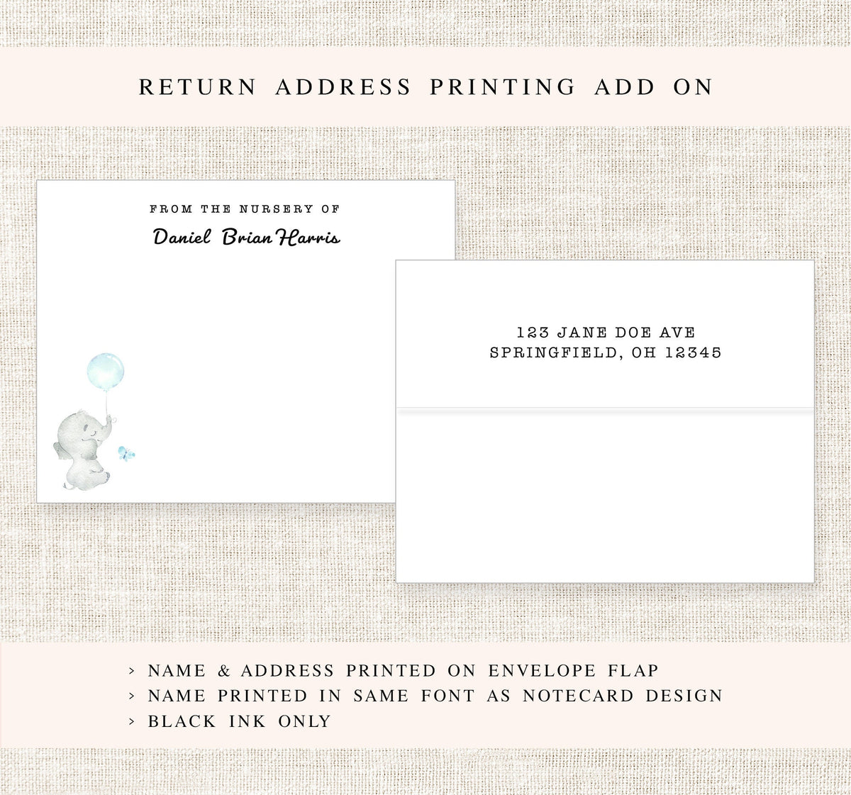 Personalized boy baby shower notecard, Baby shower gift, Thank you notes, From the nursery of children's stationary elephant theme