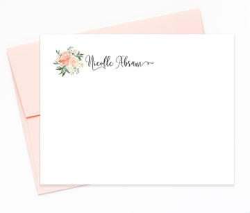 Peachy Floral Calligraphy Personalized Stationery Note Cards, Stationary Flat Cards with Envelopes
