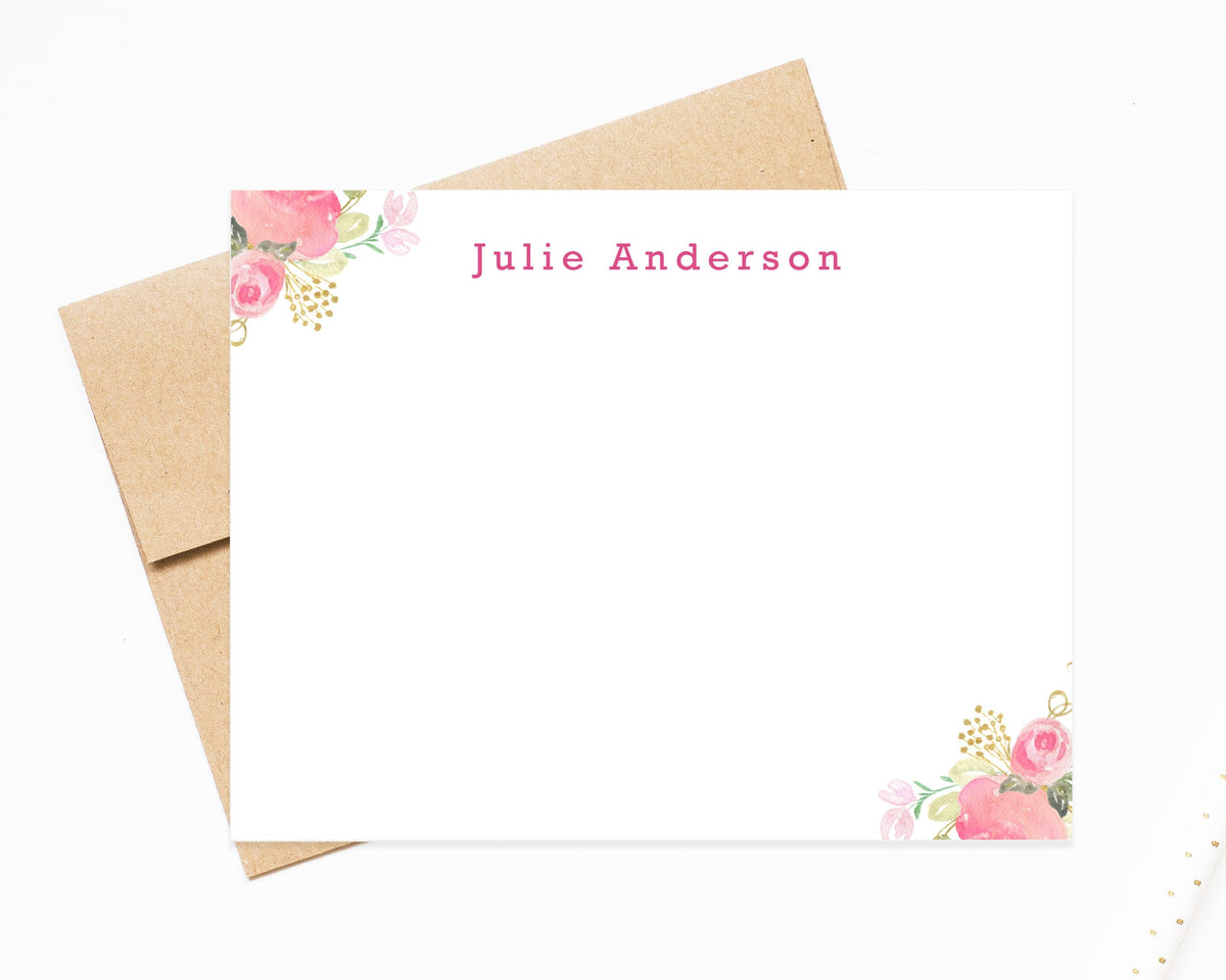 Corner Side Flowers Personalized Stationery Note Cards, Stationary Flat Cards with Envelopes, Handmade stationary for mom, Floral stationery