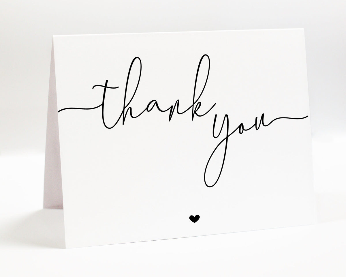 Personalized Folded Thank You Cards with Heart, Folded Script Thankful Cards with Envelopes, Simple Notecard Blank Inside for Notes