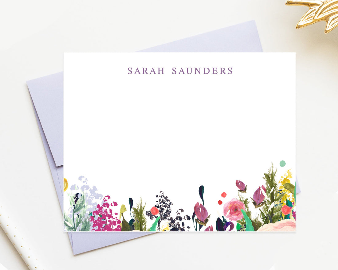 Personalized Floral Stationary Cards Gift Set for Her, Simple Flat Notecards, Thank You Stationery Card Set Flat Note and Envelopes