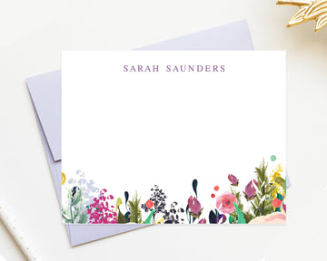 Personalized Floral Stationary Cards Gift Set for Her, Simple Flat Notecards, Thank You Stationery Card Set Flat Note and Envelopes