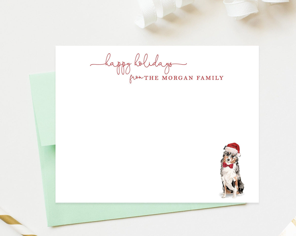 Australian Shepherd Christmas Stationery, Happy Holidays Note Cards with Dog, Santa Hat and Bow Tie Stationery For Family, Holiday Card Set