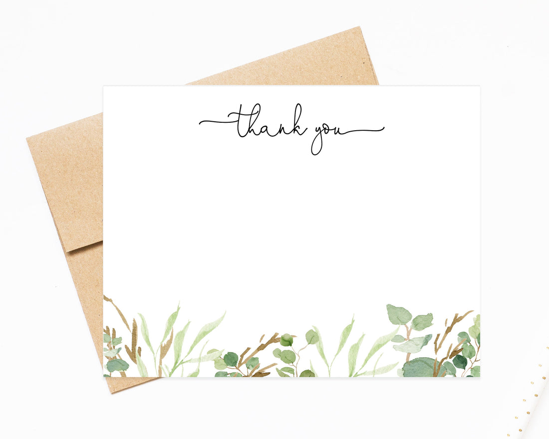Greenery Floral Thank You Notecards, Custom Stationary Thank You Letter with Watercolor Flower, Colorful Simple Stationary Set with Envelope