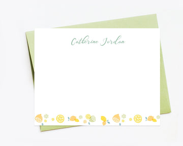 Personalized Summer Stationary Cards for Mom, Lemons Watercolor Stationery for Women, Custom Card Set Flat Note Cards and Envelopes