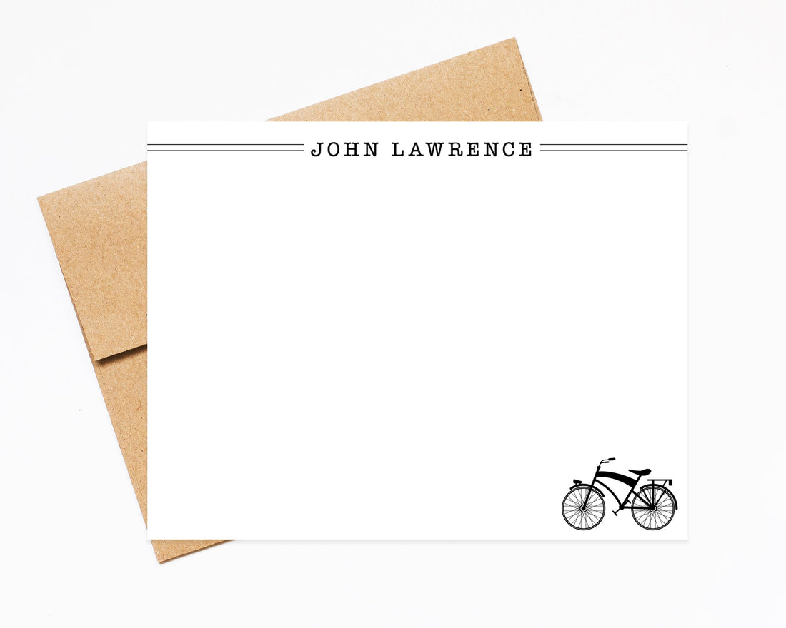 Personalized Stationery Cards And Envelopes Set With Bicycle, Typewriter Notecards For Work, Custom Stationary with Choice of Ink Colors