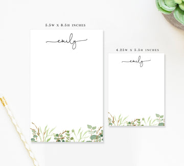 Personalized Mini Notepad with Script Text for Do List with Green Florals, Memo Pad Notes for Groceries, Personalized Notepad Teacher Gift