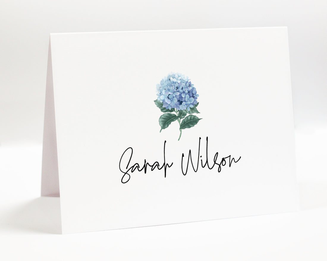 Personalized Folded Hydrangea Stationary Cards Gift Set for Her, Simple Folded Notecard, Thank You Stationery Card Set Flat Note Envelope