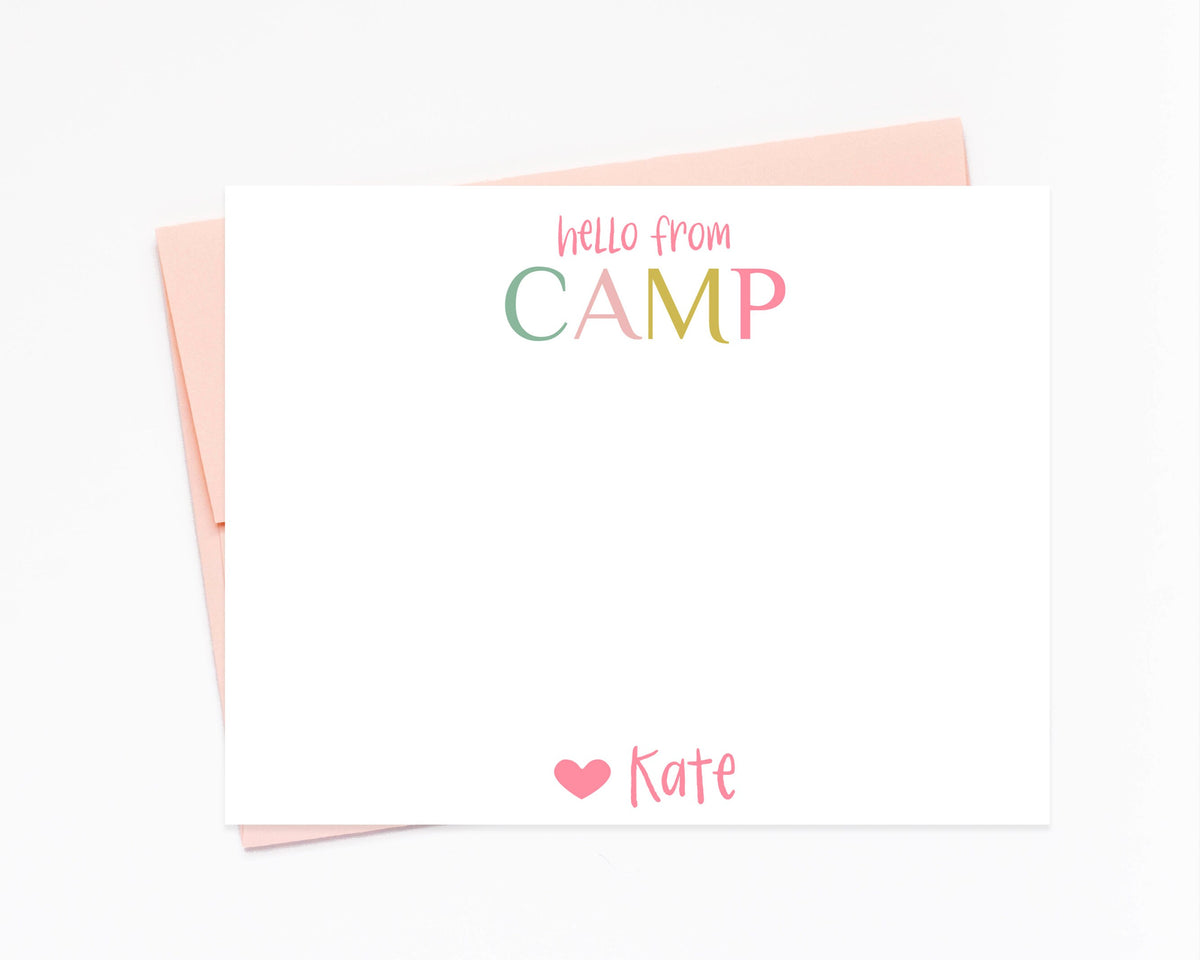 a card with the words hello from camp on it