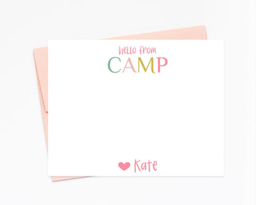 a card with the words hello from camp on it