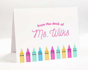 Personalized Notecards For Teacher Appreciation Gift, Stationary Card Gift Set with Crayons For Art Teacher, From The Desk of Thank You Card