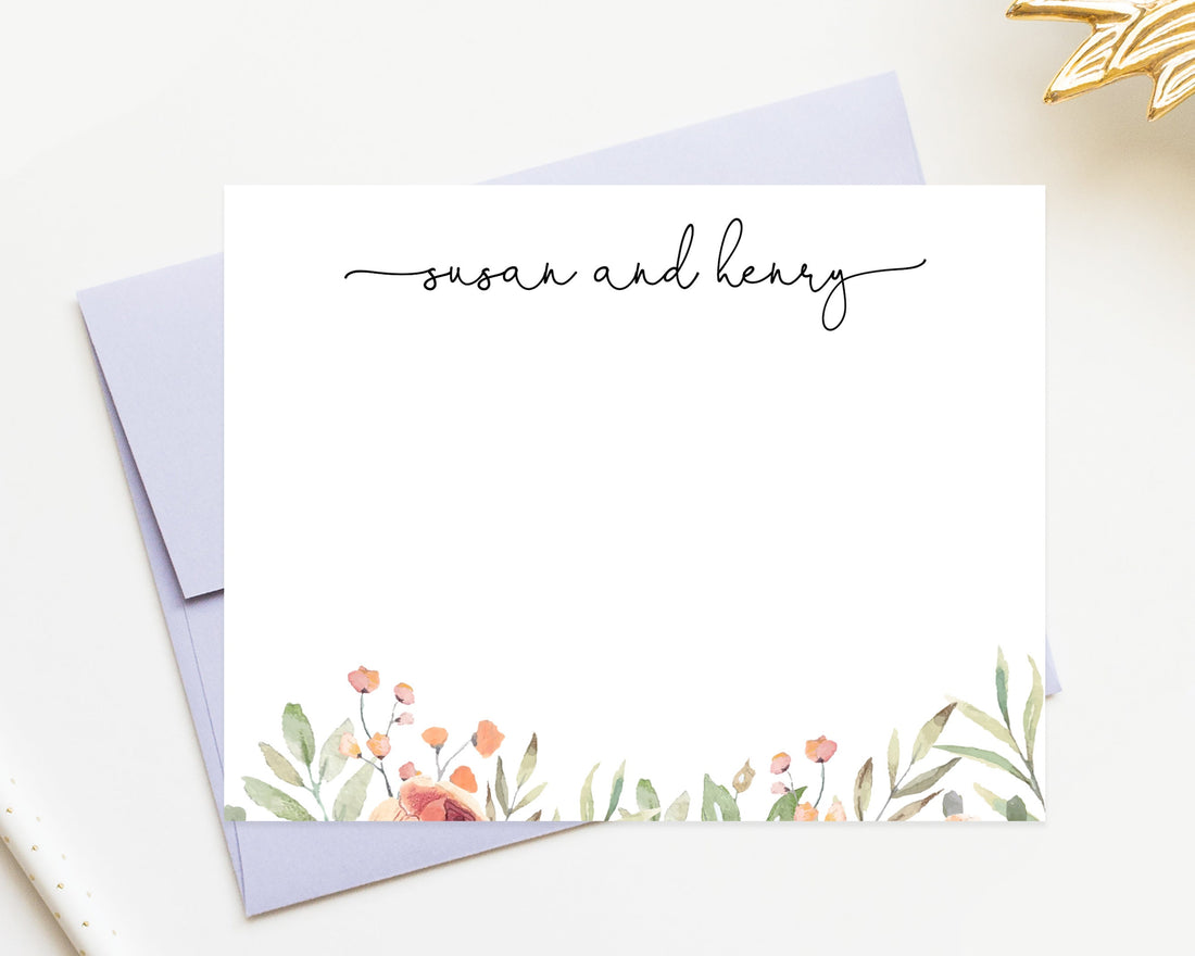 Personalized Script Stationery Cards set with Florals, Classic Watercolor Flat Notecards for Couples Gift, Stationary Card Set and Envelopes