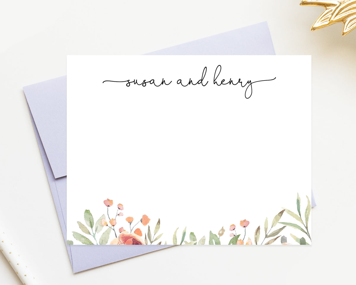 Personalized Script Stationery Cards set with Florals, Classic Watercolor Flat Notecards for Couples Gift, Stationary Card Set and Envelopes