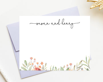 Personalized Script Stationery Cards set with Florals, Classic Watercolor Flat Notecards for Couples Gift, Stationary Card Set and Envelopes