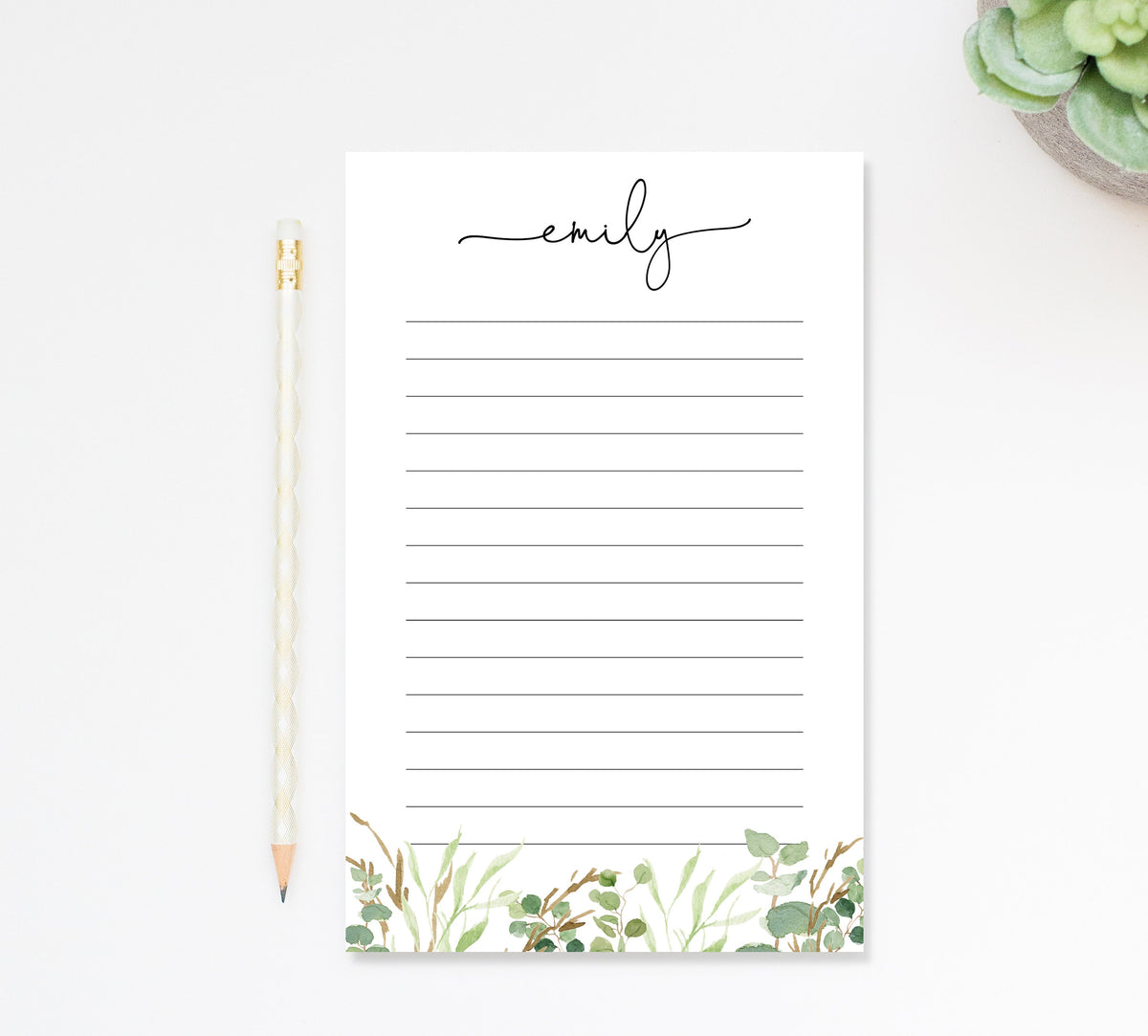 Personalized Script Notepad for Do List with Green Florals, Custom Notes for Groceries, Doctor Notepad, Personalized Graduation Gift for Her