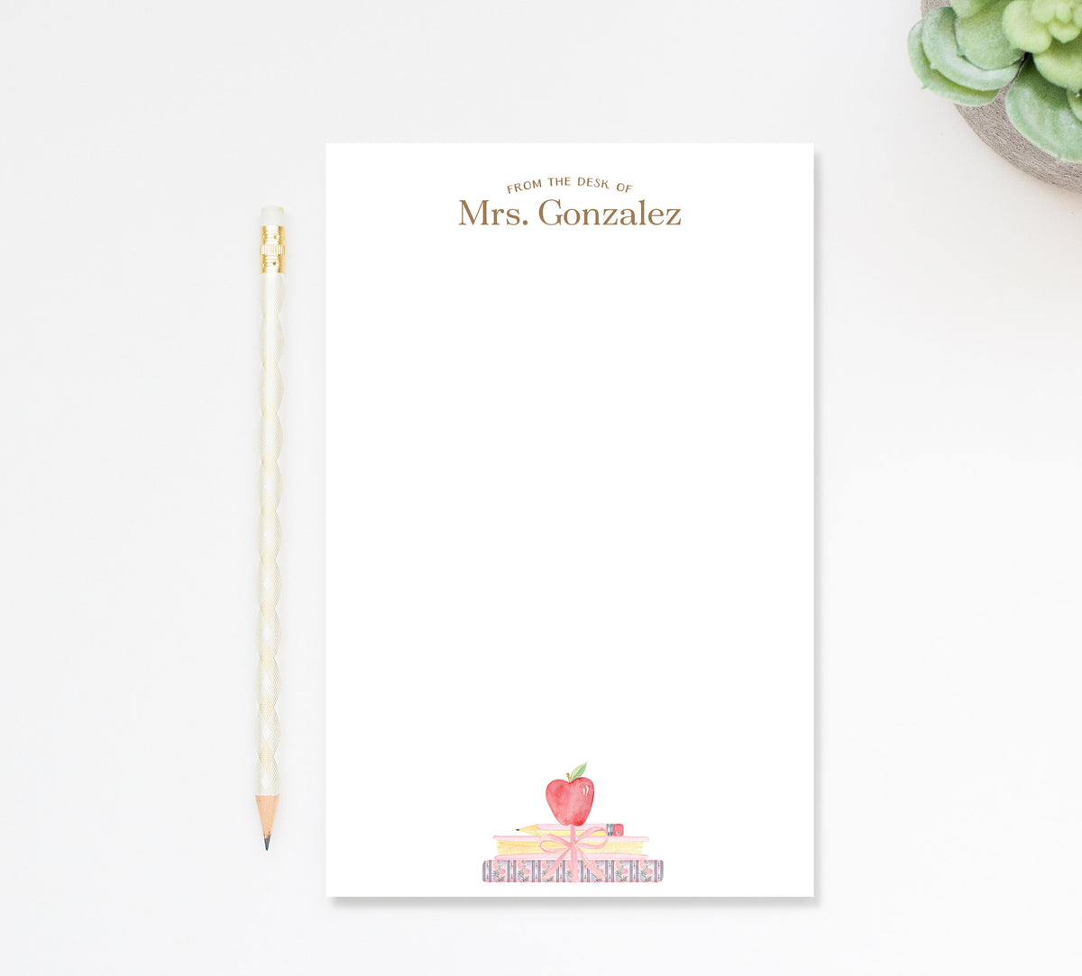 Personalized Notepad for Teachers, Cute Notepad with Books and Apple Pencil, From The Desk of Daycare Teacher Gift, Back to School Gift