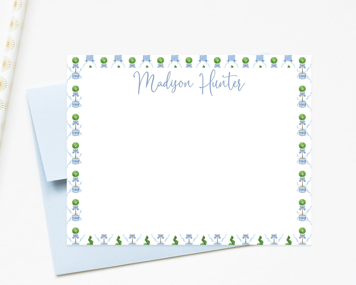 Personalized Cute Blue Chinoiserie Topiary Stationery Set, A Note From Stationary Set, Custom Flat Cards Gift for Her, Set of 10 Cards