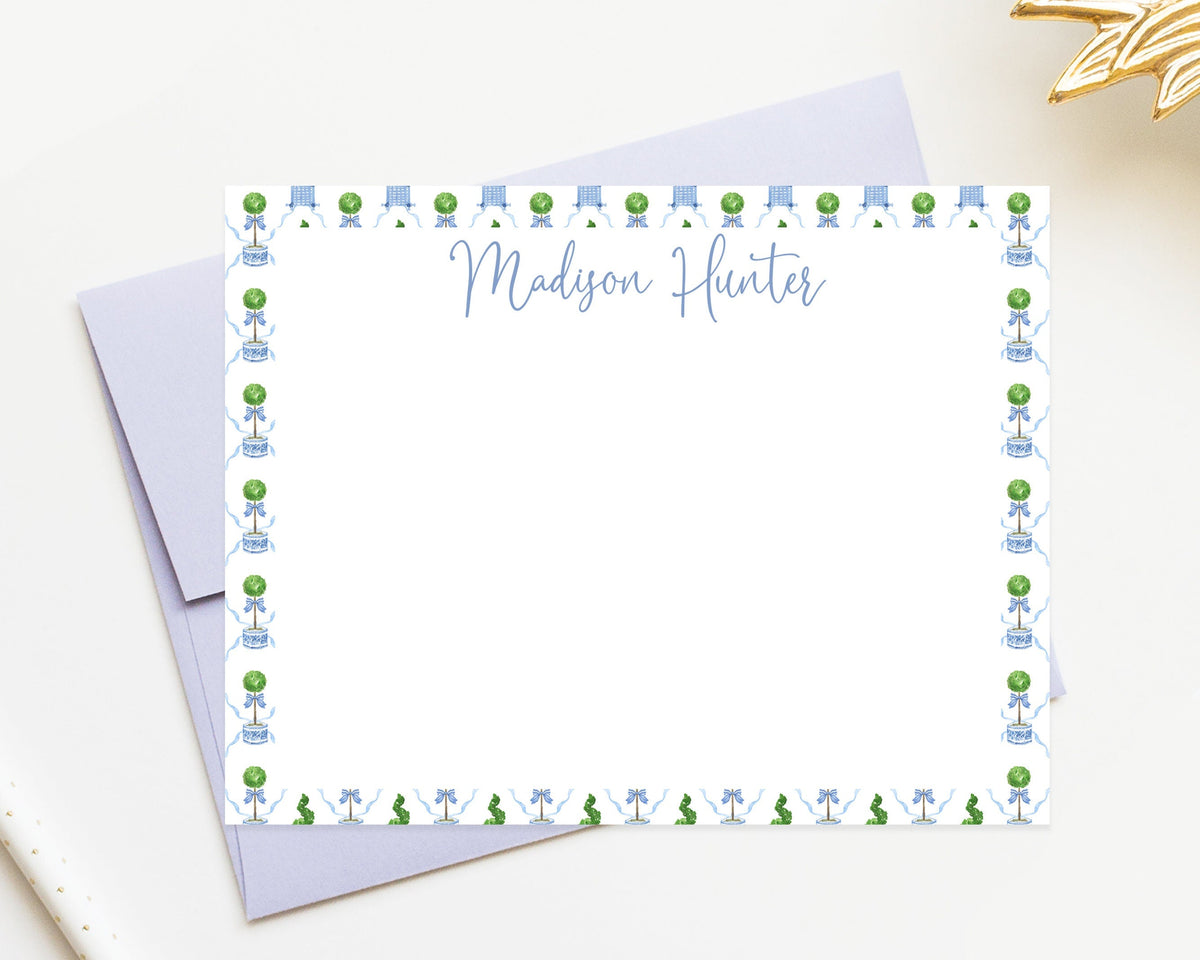 Personalized Cute Blue Chinoiserie Topiary Stationery Set, A Note From Stationary Set, Custom Flat Cards Gift for Her, Set of 10 Cards