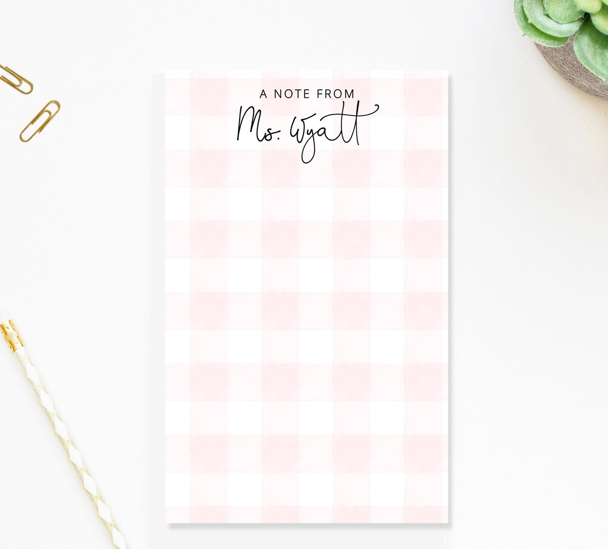 Personalized Script Notepad Notepad Gift for Teachers, Custom Stationary with Pink Gingham Background, Thinking of You Gift For Her