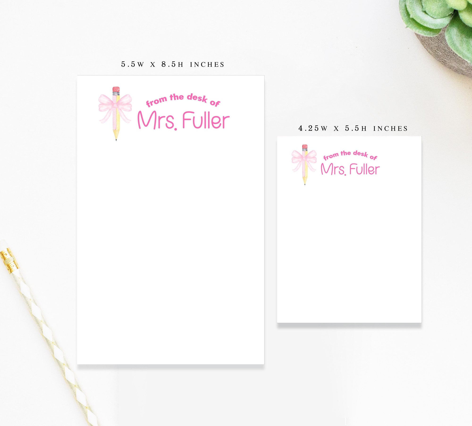 Personalized Cute Notepad For Teacher Gift with Pink Bow Pencil Art, Custom Notepad for Daycare, To Do List Notepad for School Appreciation