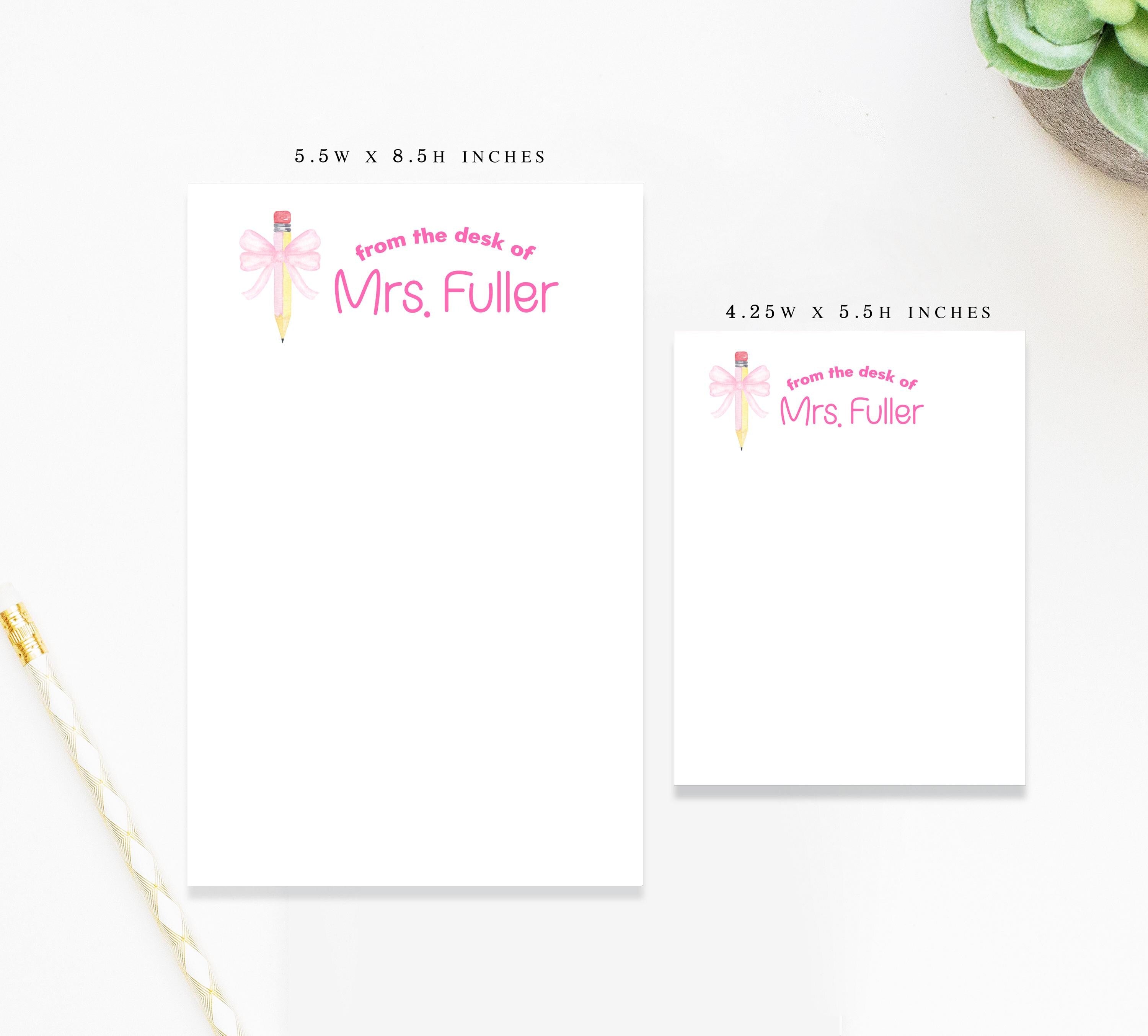 Personalized Cute Notepad For Teacher Gift with Pink Bow Pencil Art, Custom Notepad for Daycare, To Do List Notepad for School Appreciation