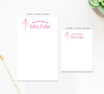 Personalized Cute Notepad For Teacher Gift with Pink Bow Pencil Art, Custom Notepad for Daycare, To Do List Notepad for School Appreciation