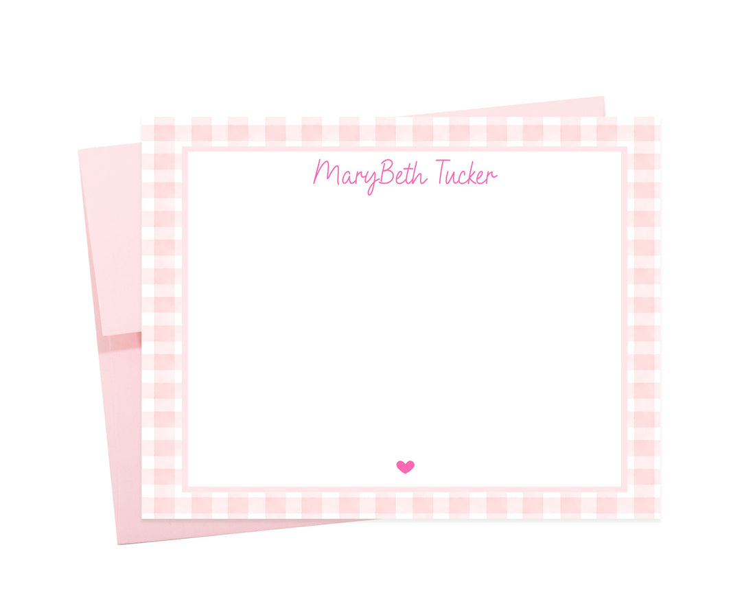 Personalized Stationery with Pink Gingham Border Notes, Baby Shower Stationery, Cute Thank You Note Cards Notecards for Her, Set of 10 Cards