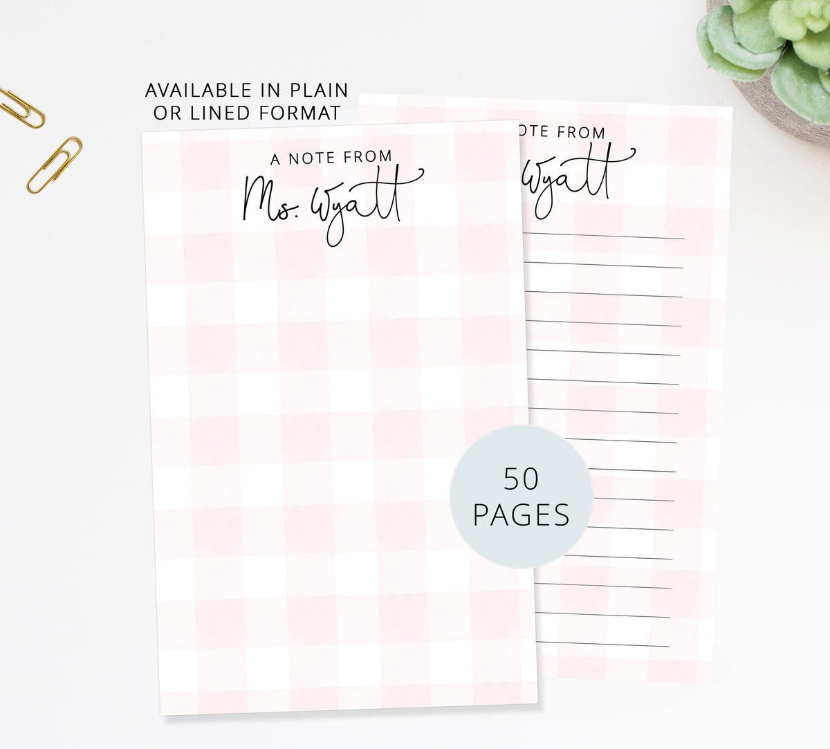 Personalized Script Notepad Notepad Gift for Teachers, Custom Stationary with Pink Gingham Background, Thinking of You Gift For Her