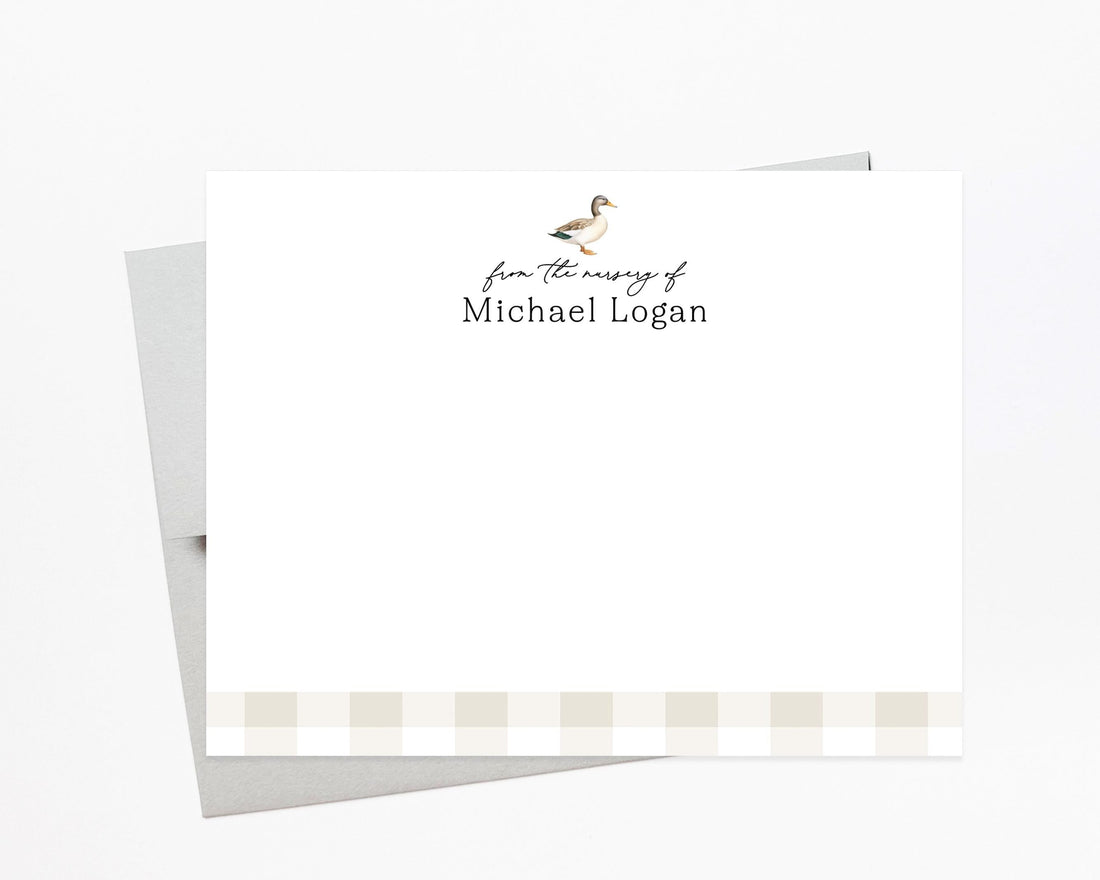 Personalized Watercolor Duck Stationery for Baby Shower, Boy Mallard Animal Stationary Thank you Card for Family, Baby Shower Thank You Note