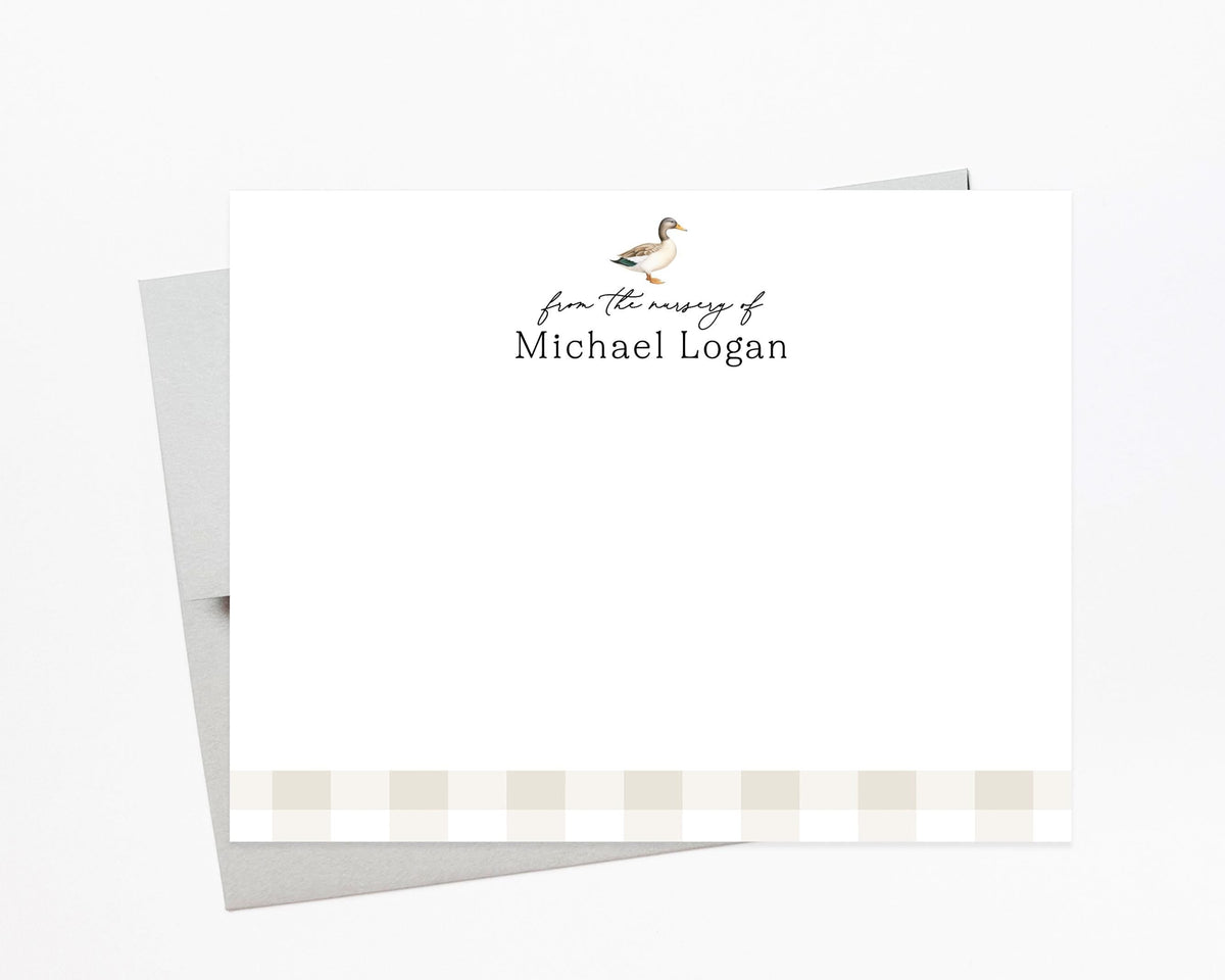 Personalized Watercolor Duck Stationery for Baby Shower, Boy Mallard Animal Stationary Thank you Card for Family, Baby Shower Thank You Note