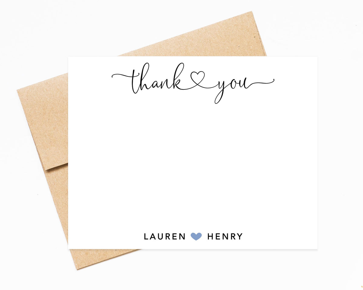 Personalized Thank You Stationery With Heart for Notes with Envelopes, Elegant Script Thank You Cards for Couples, Newlywed Stationary