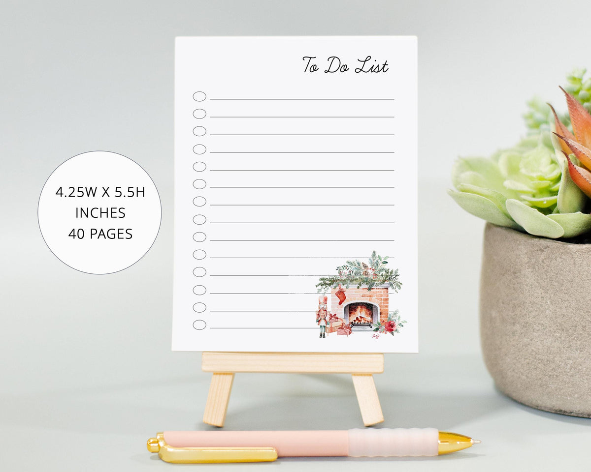 Cute Personalized Mini Notepad Gift with Christmas Fireplace Art, Stocking Stuffer Gift, Organization Checklist, To Do List for the Holidays
