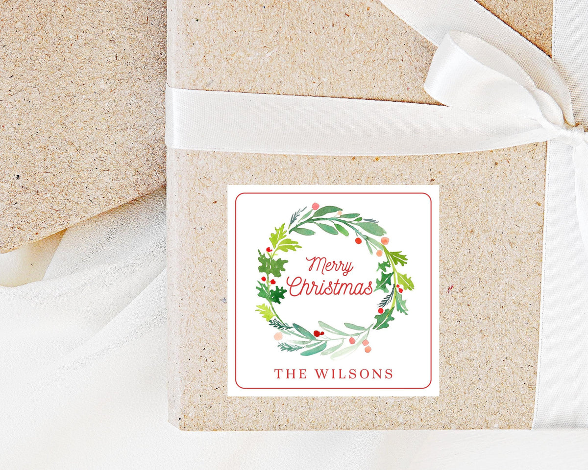 Personalized Merry Christmas Stationary Calling Card Sticker, Christmas Wreath Enclosure Square Card, Printed Family Holiday Gift Tag