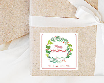 Personalized Merry Christmas Stationary Calling Card Sticker, Christmas Wreath Enclosure Square Card, Printed Family Holiday Gift Tag