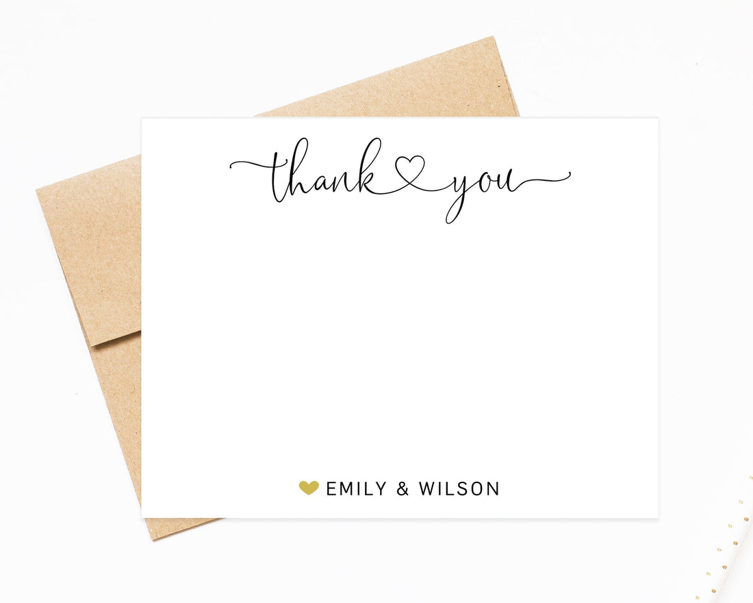 Personalized Thank You Stationery Set for Notes with Envelopes, Elegant Script Thank You Cards with Heart, Newlywed Thank you Stationary Set
