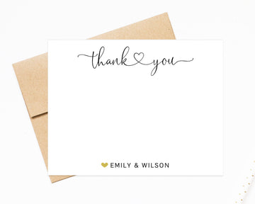 Personalized Thank You Stationery Set for Notes with Envelopes, Elegant Script Thank You Cards with Heart, Newlywed Thank you Stationary Set
