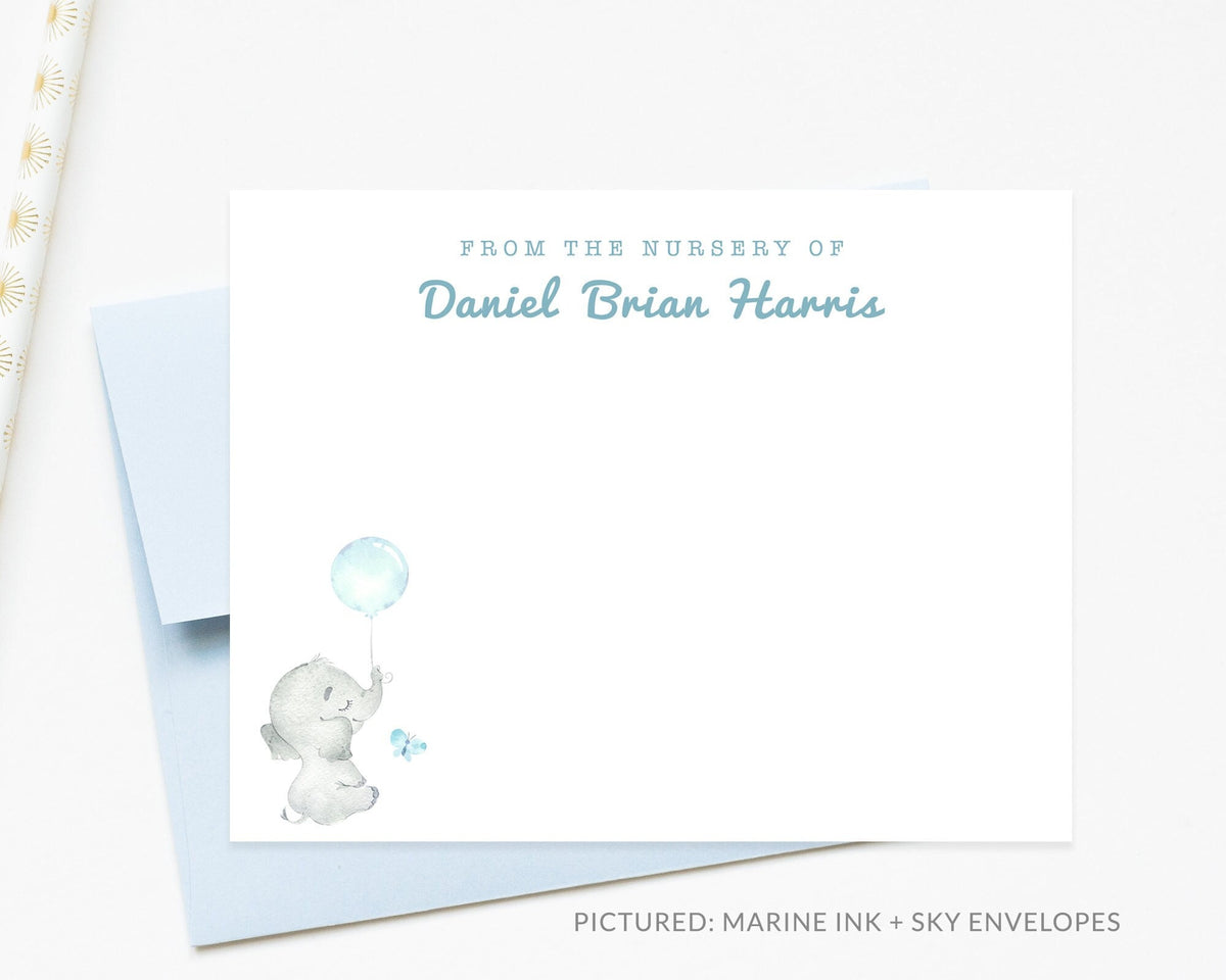 Personalized boy baby shower notecard, Baby shower gift, Thank you notes, From the nursery of children's stationary elephant theme