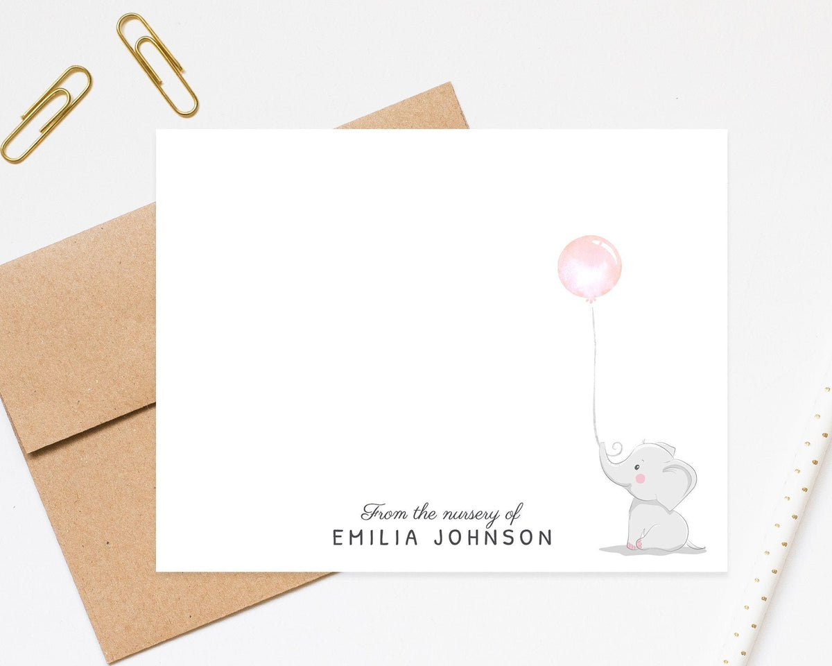 Baby Girl Shower Thank You Card, Pink Baby Elephant Stationary, From the Nursery of Personalized Baby Stationery Elephant, Baby Shower Gift
