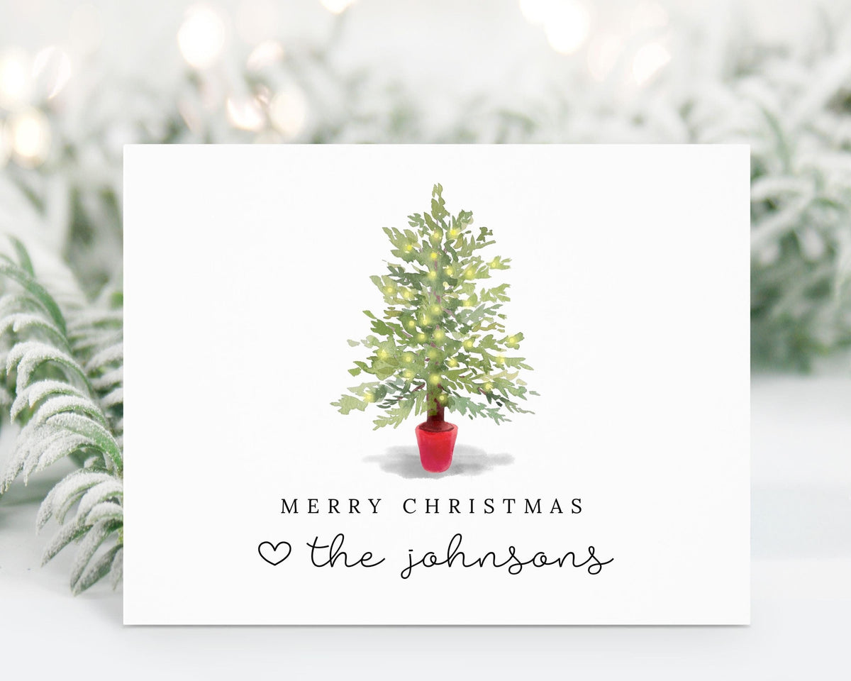 Personalized Christmas Card with Tree, Merry Christmas from the Family Stationary Letter, Holiday Stationery Set, Simple Christmas Card