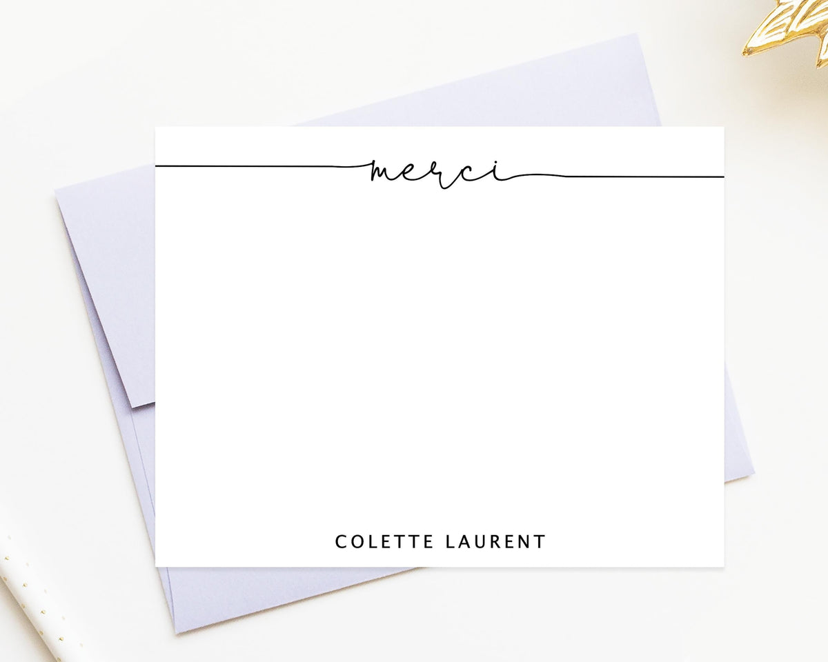 Personalized Thank You Card Merci, Wedding Gift Stationery For Friend, Elegant Script Thank You Notecards Envelopes